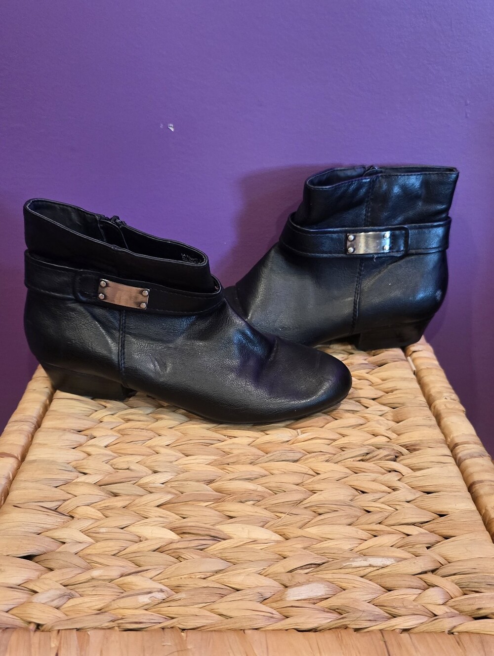 Laura Ashley Black Leather Ankle Booties with Buckle Accent